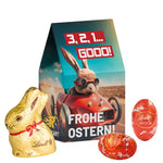 Staand wit kartonnen doosje met Lindt paashaasje en LINDOR-paaseitjes, rondom in eigen ontwerp