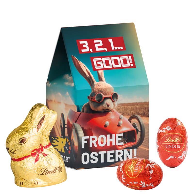 Staand wit kartonnen doosje met Lindt paashaasje en LINDOR-paaseitjes, rondom in eigen ontwerp