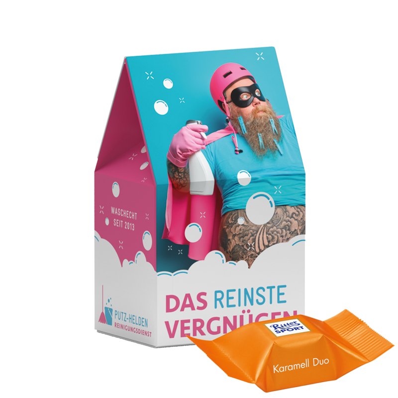 Stand-Up box met Ritter SPORT blokjes met dubbele karamel in eigen ontwerp