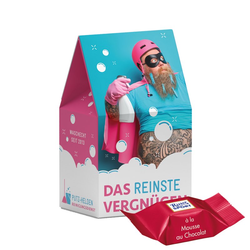 Wit kartonnen Stand-Up box met Ritter SPORT chocoladeblokjes en rondom bedrukt ontwerp