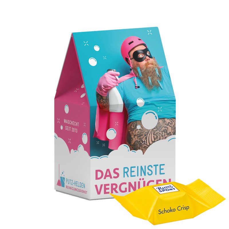 Stand-Up box met Ritter SPORT blokjes met chocolade-crisp in eigen ontwerp