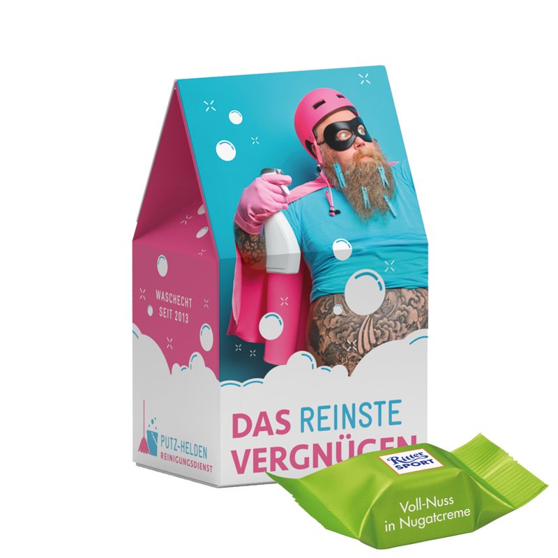 Stand-Up box met Ritter SPORT blokjes met hele hazelnoot in eigen ontwerp