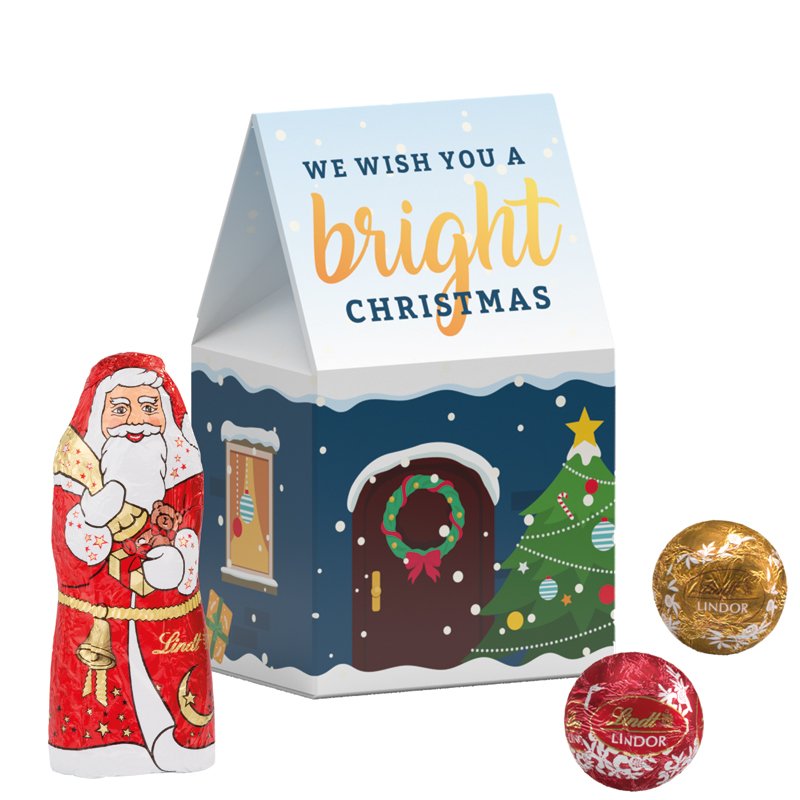 Staand kerstdoosje van wit karton, rondom bedrukt