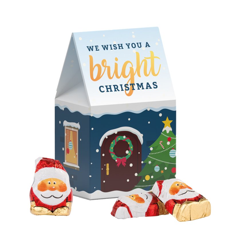Wit kerstdoosje met vier mini Riegelein chocolade Kerstmannetjes