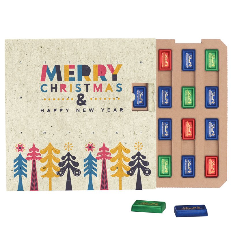 Adventskalender van graspapier met papieren inlay en Lindt mini-repen