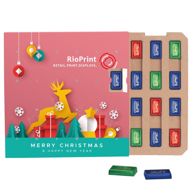 Platte witte adventskalender ECO met 24 Lindt mini-repen en een eigen ontwerp op de voorkant