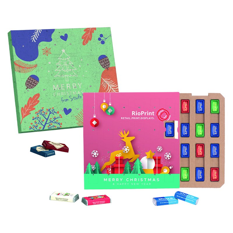 Adventskalender van graspapier met papieren inlay en Lindt mini-repen