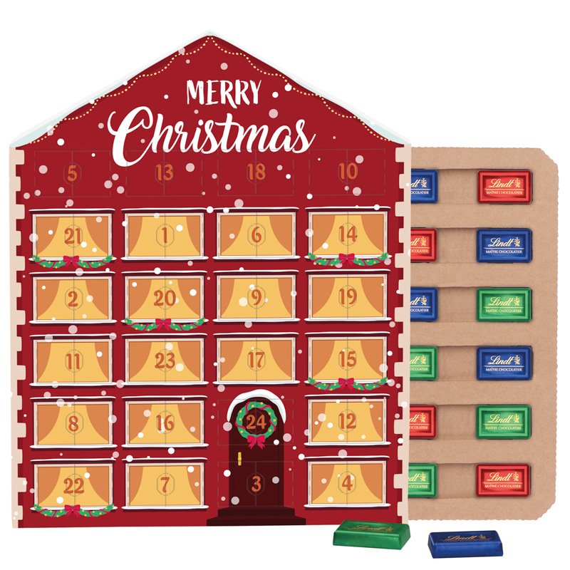 Platte adventskalender in huisvorm met 24 Lindt mini-repen en papieren inlay