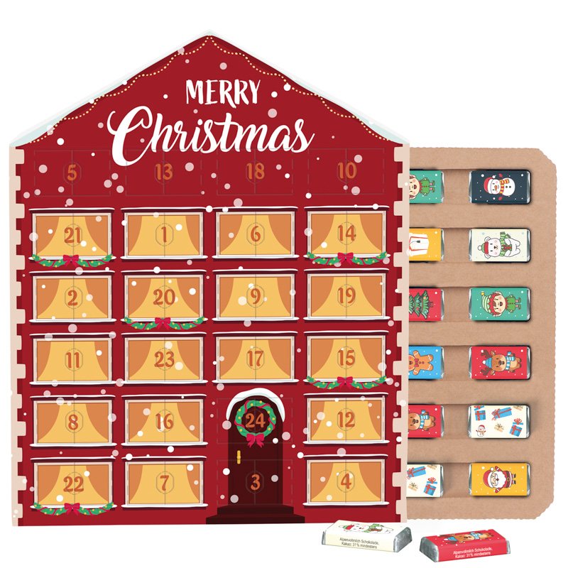 Platte adventskalender in huisvorm met 24 mini-repen met kerstprint en papieren inlay