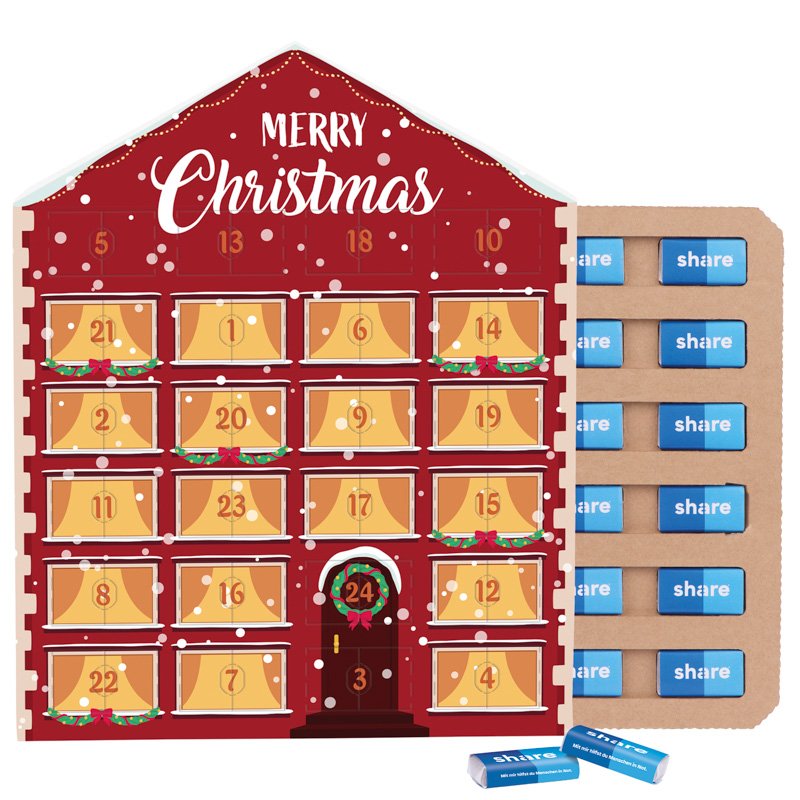 Platte adventskalender in huisvorm met 24 share mini-repen en papieren inlay