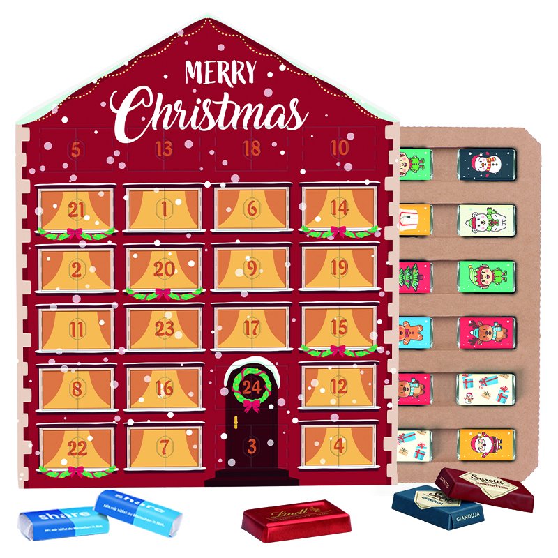 Platte adventskalender in de vorm van een huisje met een eigen ontwerp op de wikkel