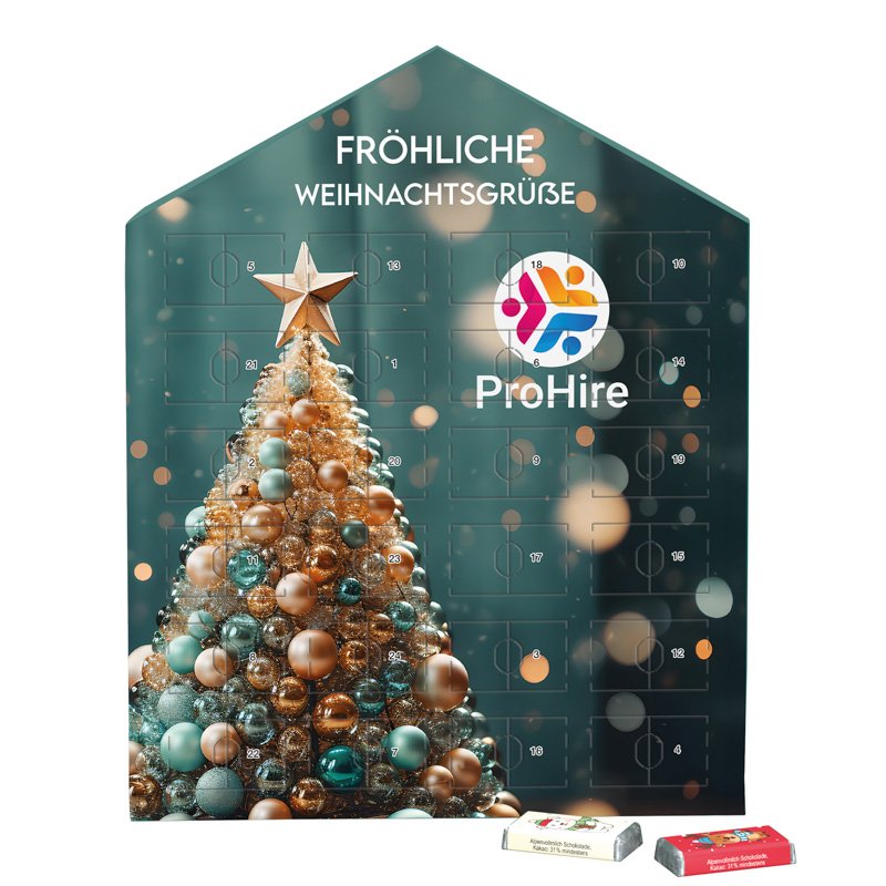 Platte adventskalender in huisvorm met 24 mini-repen met kerstprint