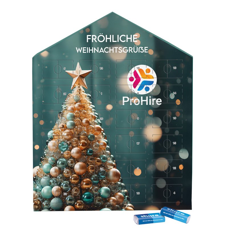 Platte adventskalender in huisvorm met 24 share mini-repen en een recyclebare inlay