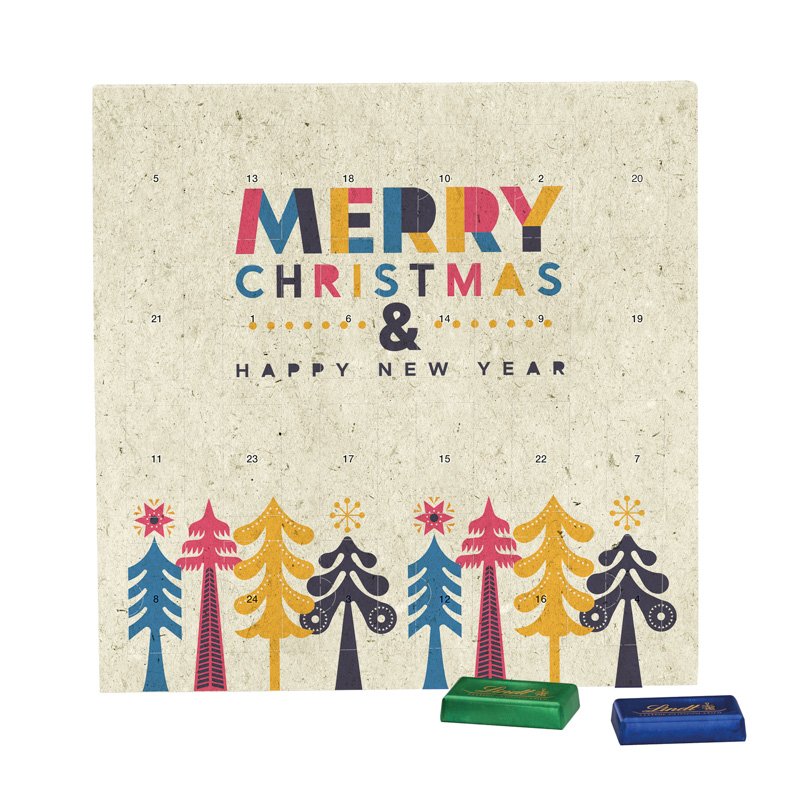 Beige adventskalender van graspapier met 24 Lindt mini-repen