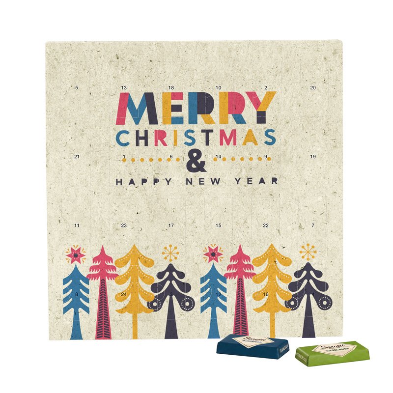 Beige adventskalender van graspapier met 24 Sarotti mini-repen in vier smaken