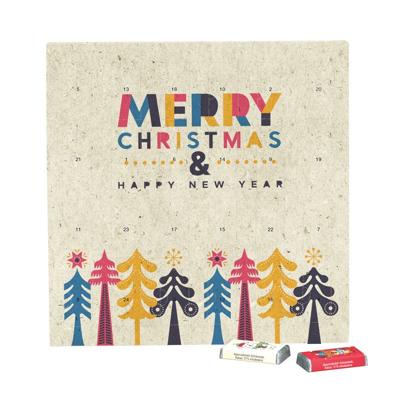 Beige adventskalender van graspapier met 24 mini-repen met kerstprint en een eigen ontwerp