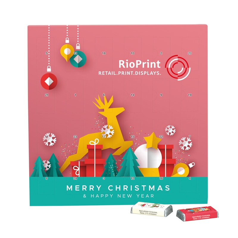 Platte witte adventskalender met 24 mini-repen met kerstprint en een eigen ontwerp