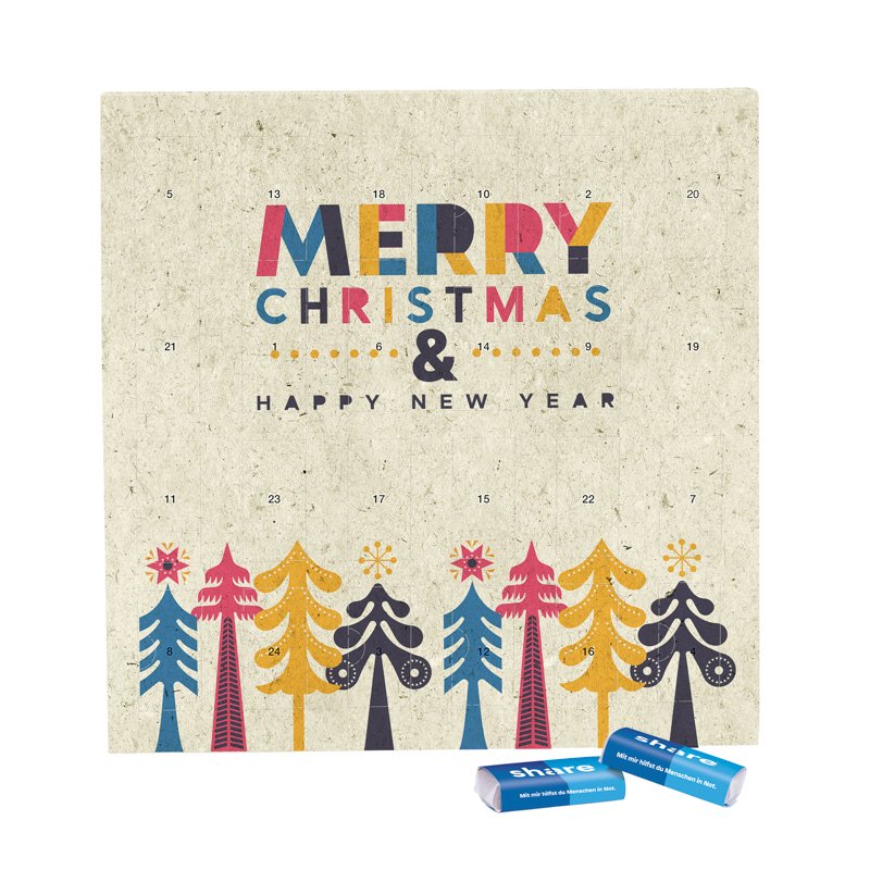 Beige adventskalender van graspapier met 24 share mini-repen in pergamijnpapier