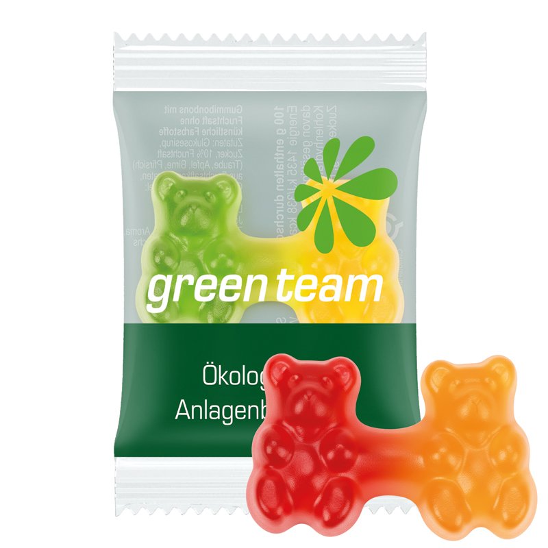 Flowpack van composteerbare transparante folie met Trolli fruitgom en een eigen ontwerp