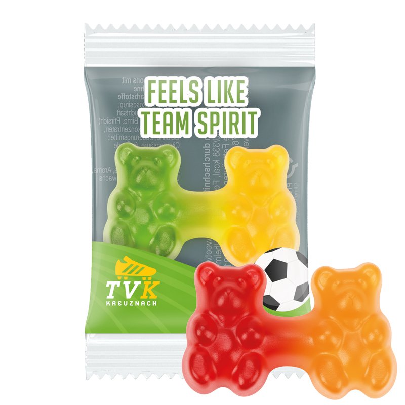 Flowpack met Trolli Team-gummibeertjes en een eigen ontwerp
