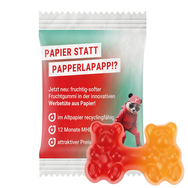 Flowpack van wit PaperPlus Pro-papier met Trolli fruitgom en een eigen ontwerp