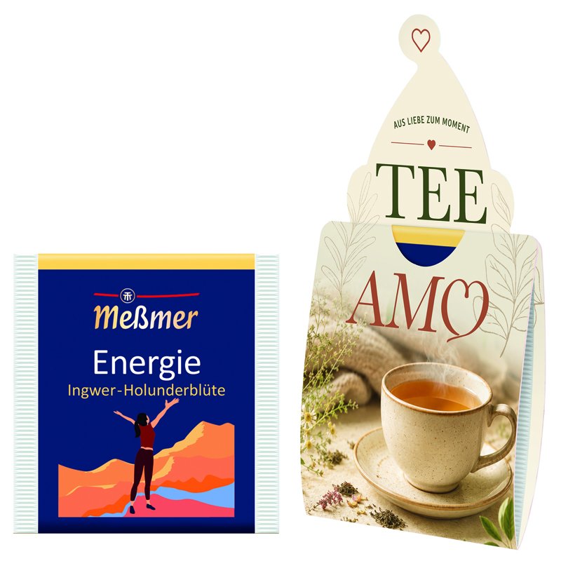 Kartonnen theebriefje met Meßmer-thee energy gember-vlierbloesem in eigen ontwerp