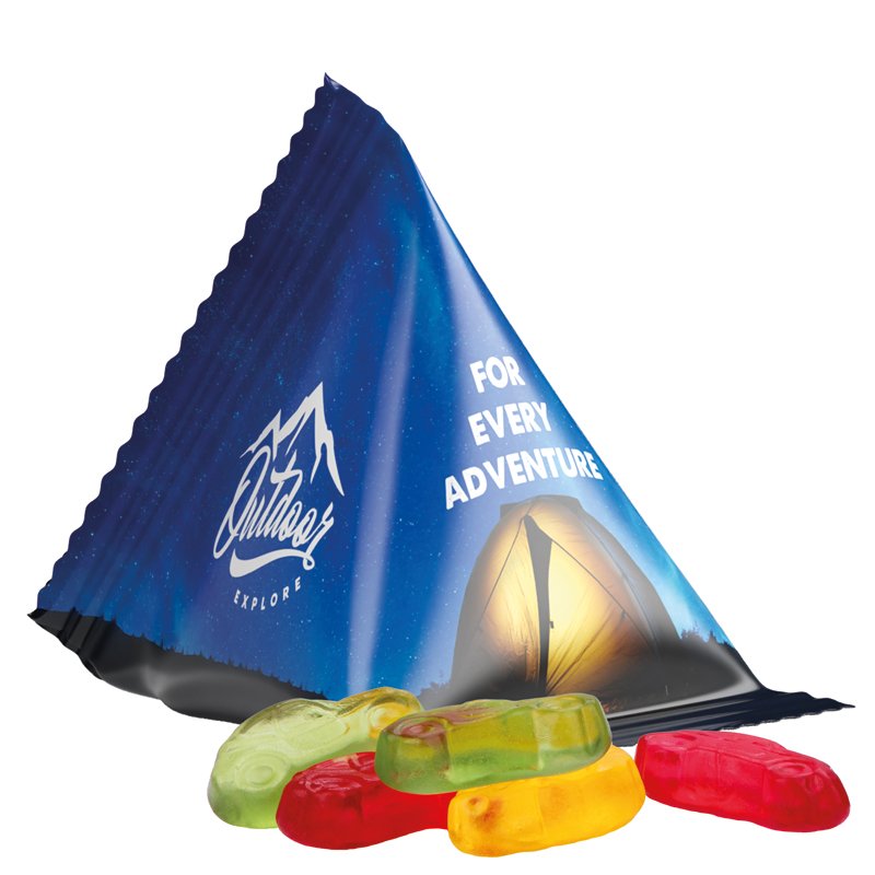 Tetraëderzakje van witte folie met Trolli fruitgom in de vorm van een autootje