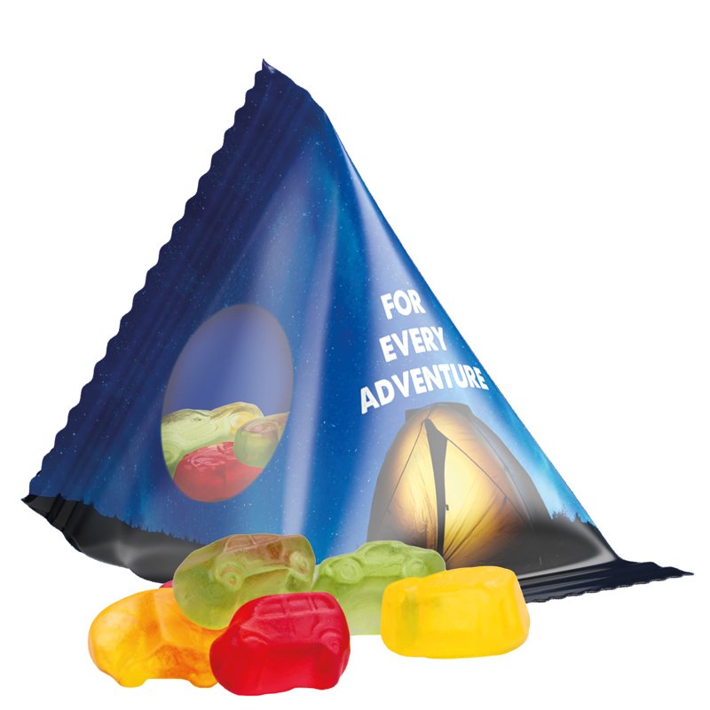 Tetraëderzakje van transparante folie met Trolli fruitgom in de vorm van een automix