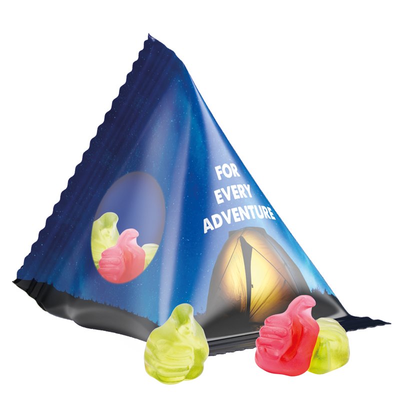 Tetraëderzakje van transparante folie met Trolli fruitgom in de vorm van een duimpje
