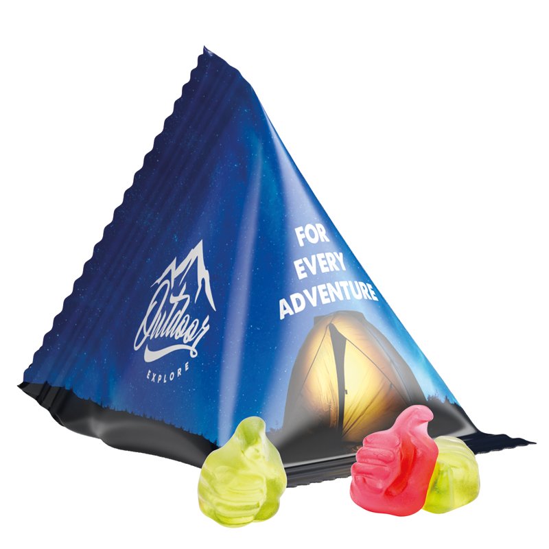 Tetraëderzakje van witte folie met Trolli fruitgom in de vorm van een duimpje