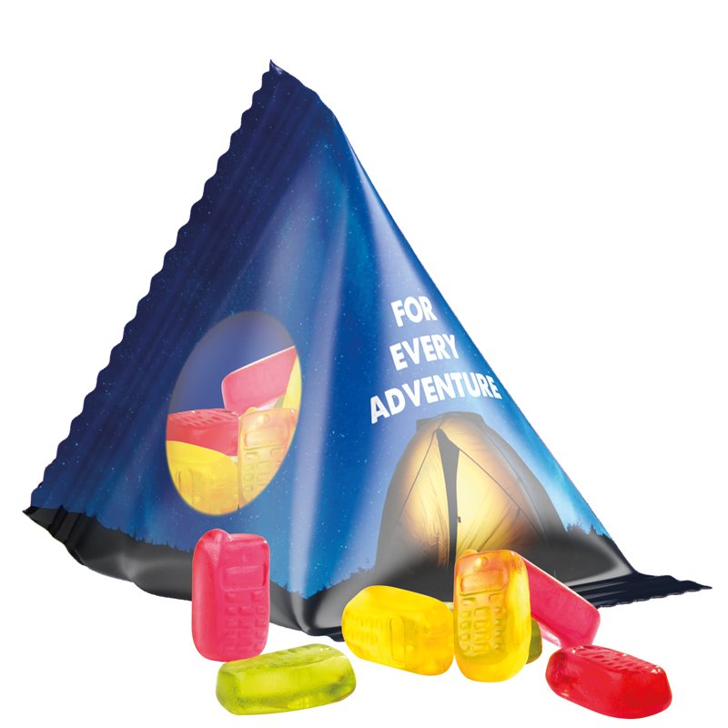 Tetraëderzakje van transparante folie met Trolli fruitgom in de vorm van een mobieltje