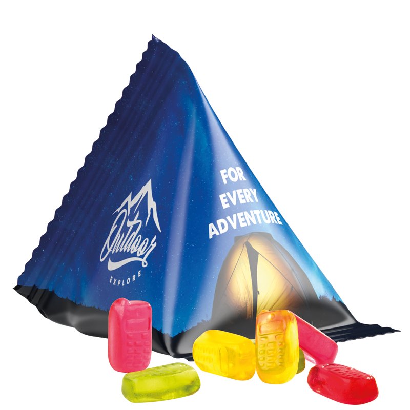 Tetraëderzakje van witte folie met Trolli fruitgom in de vorm van een mobieltje