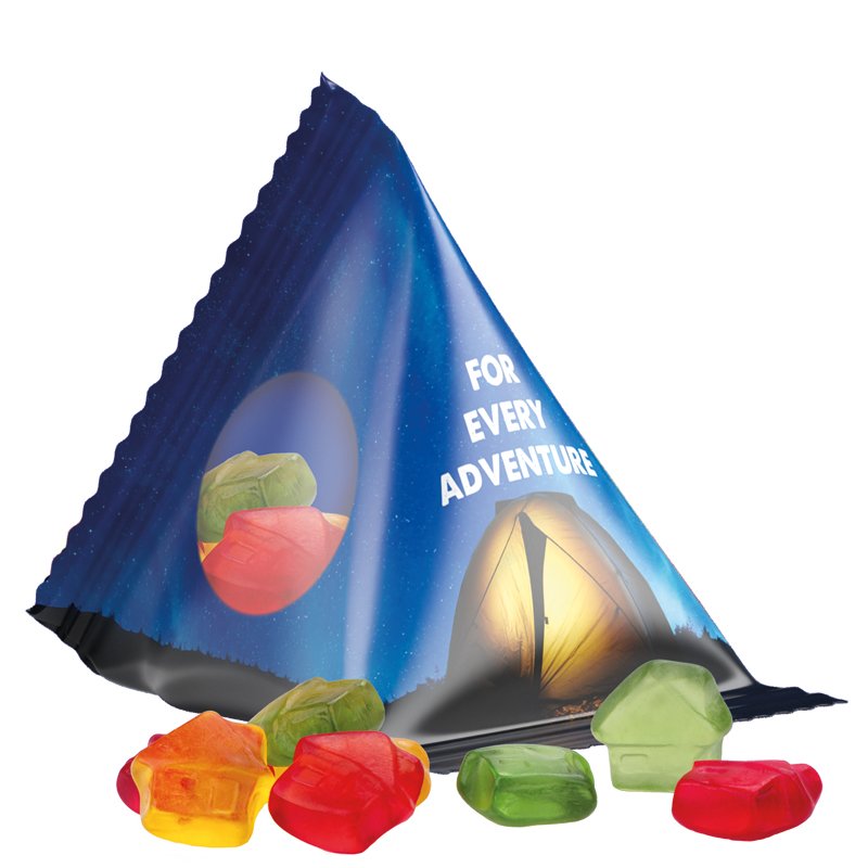 Tetraëderzakje van transparante folie met Trolli fruitgom in de vorm van een huisje
