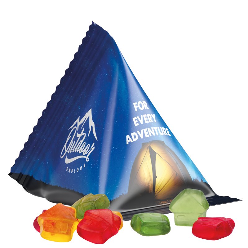 Tetraëderzakje van witte folie met Trolli fruitgom in de vorm van een huisje