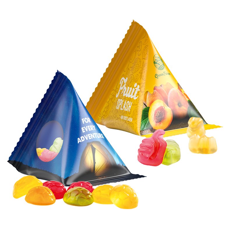 Tetraëderzakje met Trolli fruitgom in verschillende vormen en een eigen ontwerp