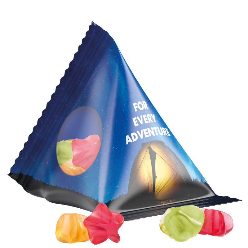 Tetraëderzakje van transparante folie met Trolli fruitgom in de vorm van een sterretje