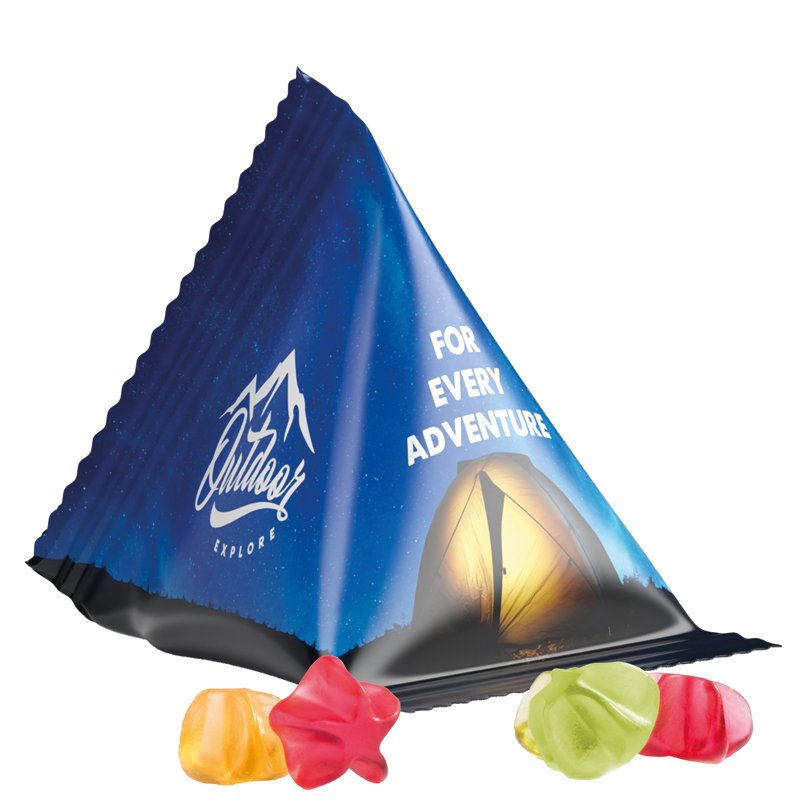 Tetraëderzakje van witte folie met Trolli fruitgom in de vorm van een sterretje