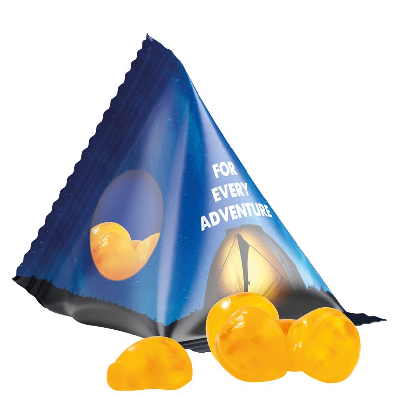 Tetraëderzakje van transparante folie met Trolli fruitgom en een eigen ontwerp