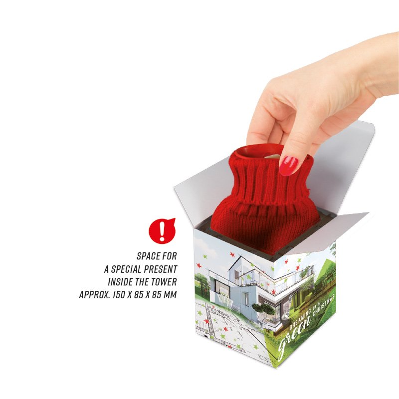 Adventskalender toren van graspapier met logo en eigen ontwerp: Mini-repen met kerstprint