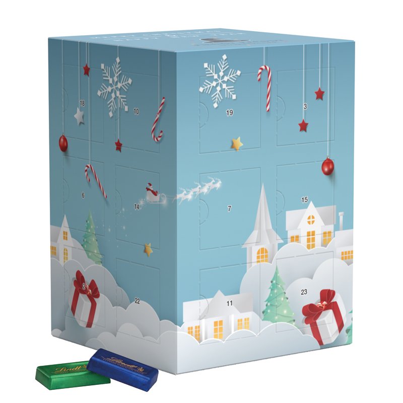 Torenvormige adventskalender van wit karton, rondom bedrukt