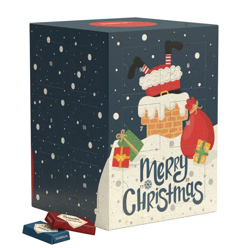 Adventskalender toren van graspapier gevuld met Sarotti mini-repen