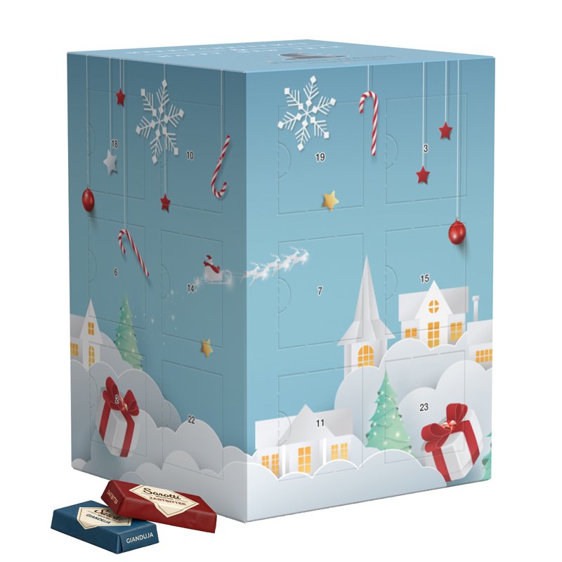 Adventskalender toren van wit karton gevuld met Sarotti mini-repen