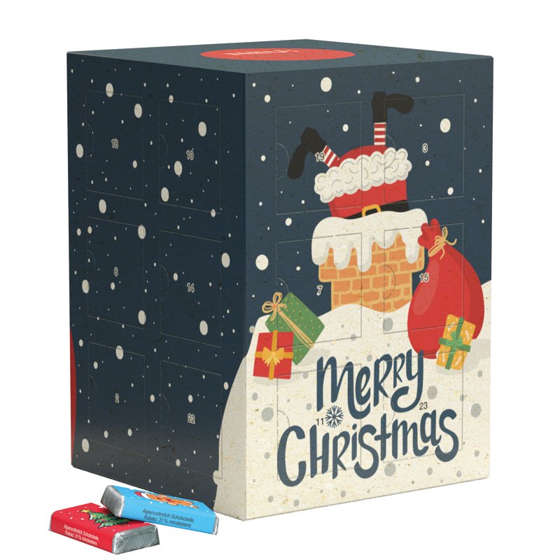 Torenvormige adventskalender van graspapier, rondom bedrukt