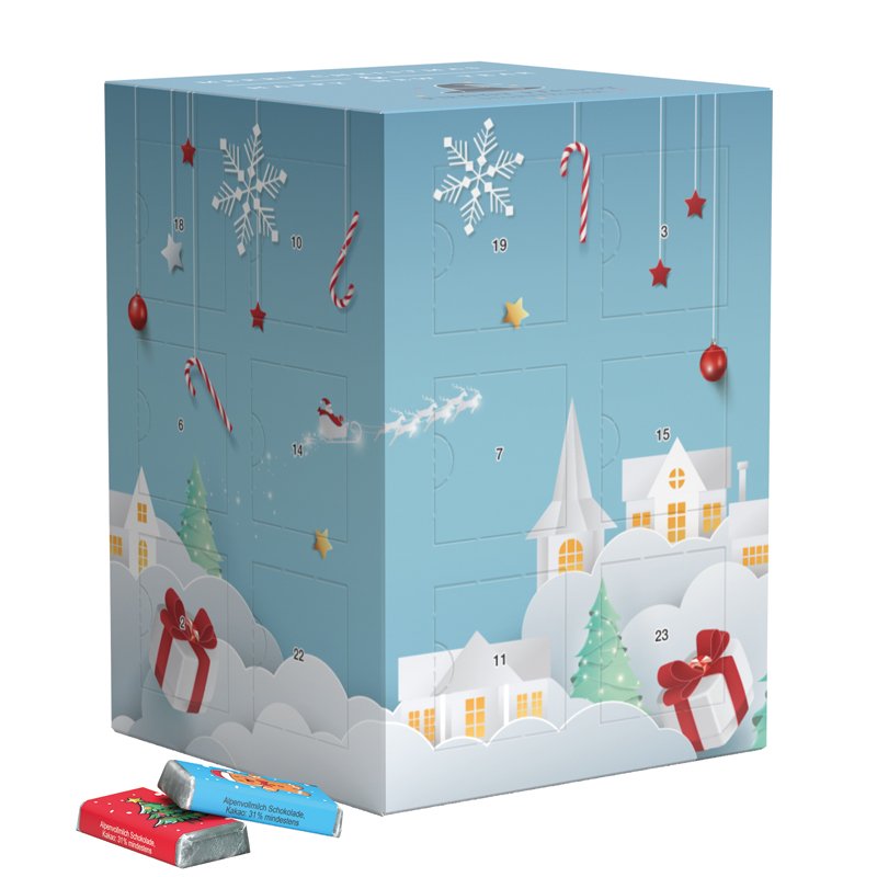 Adventskalender toren van wit karton met mini-repen met kerstprint