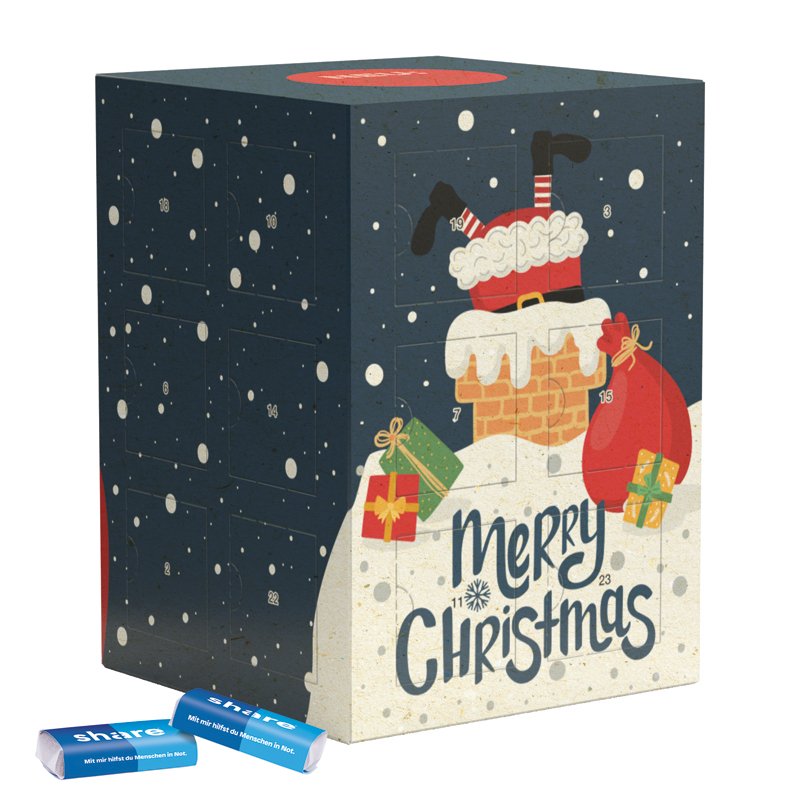 Adventskalender toren van graspapier gevuld met share mini-repen in pergamijnpapier