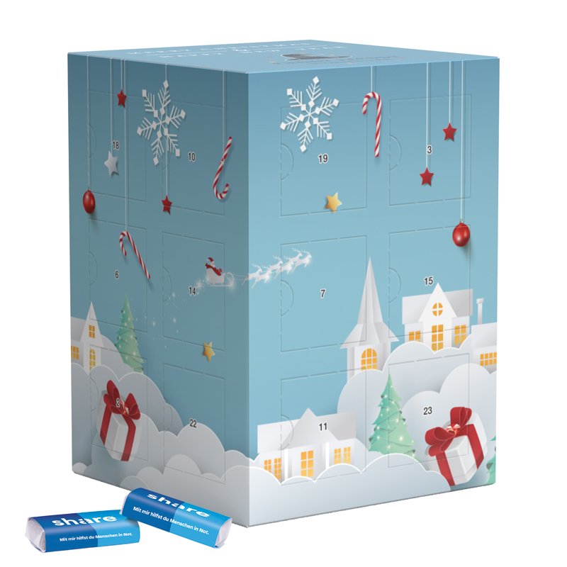 Adventskalender toren van wit karton gevuld met share mini-repen