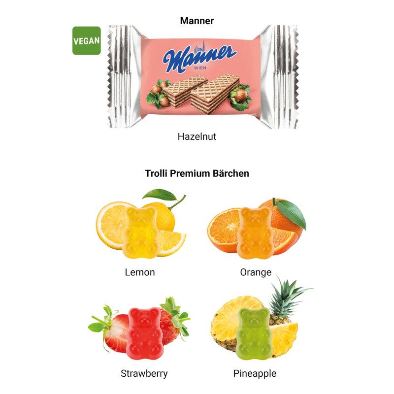 Shirtdoosje S met fruitgom of wafels en eigen ontwerp: Trolli gummibeertjes