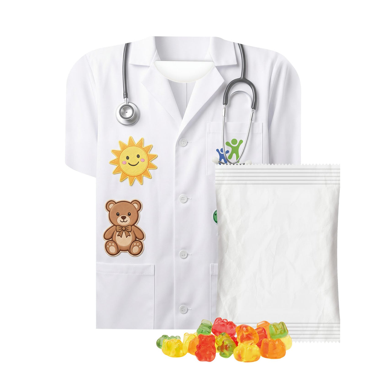 Klein shirtvormig kartonnen doosje met een mini zakje Trolli gummibeertjes en eigen ontwerp