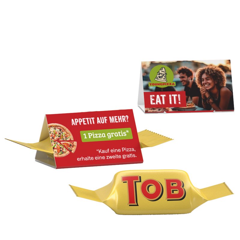 Driehoekig wit kartonnen doosje met Toblerone Tiny en eigen ontwerp