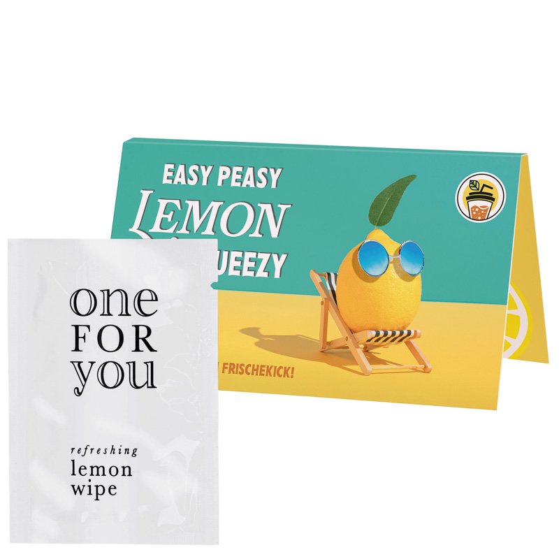 Lange promotiekaart met sachet verfrissend doekje, eigen ontwerp